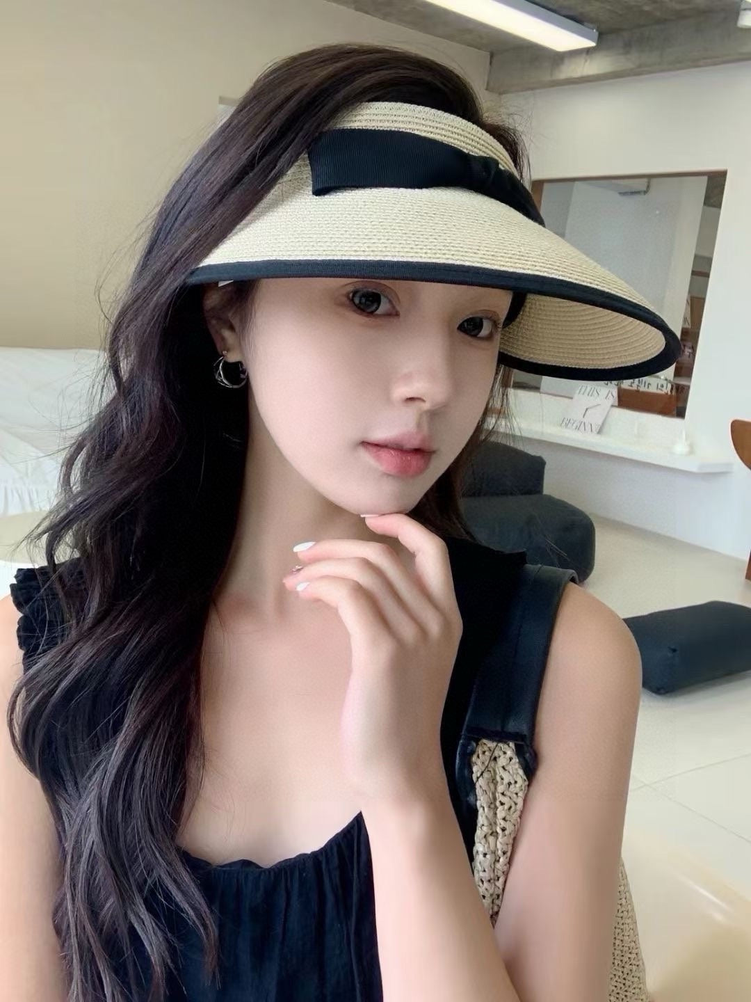 小香家-氣質蝴蝶結編織遮陽帽 杏色