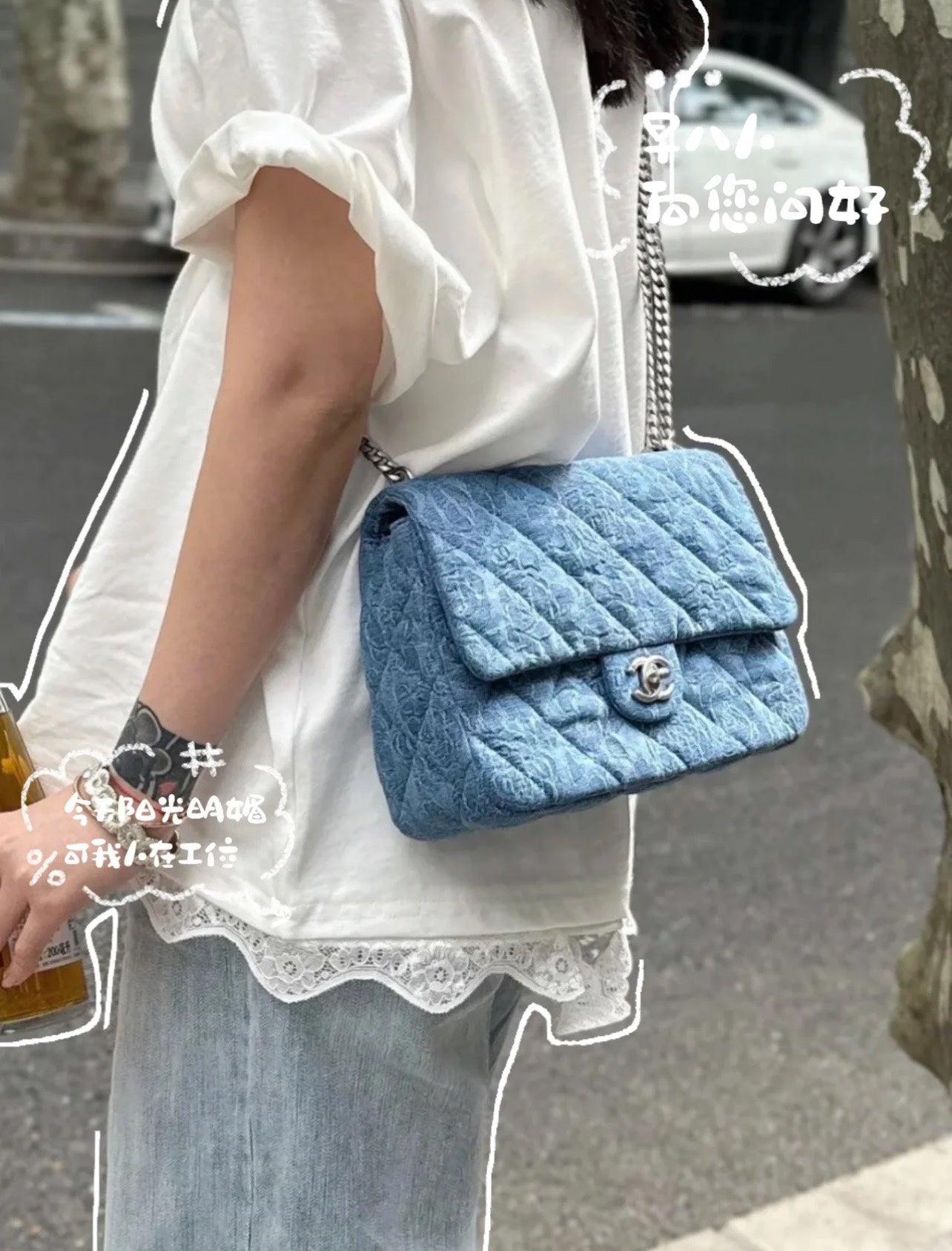 小香家-2023春夏系列 丹寧牛仔山茶花愛心扣 方胖子 淺藍銀扣 24CM