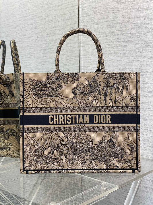 迪D家-Book Tote 2023春夏系列 老虎刺繡 杏色 大號