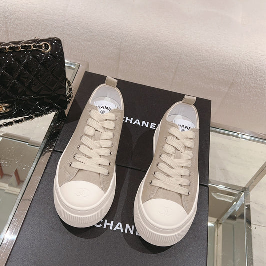 小香家-2023早秋新款 簡約厚底帆布鞋 奶茶色