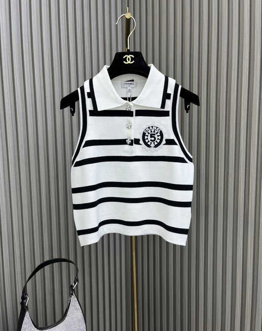小香家-2404 24新品上架翻領條紋針織背心