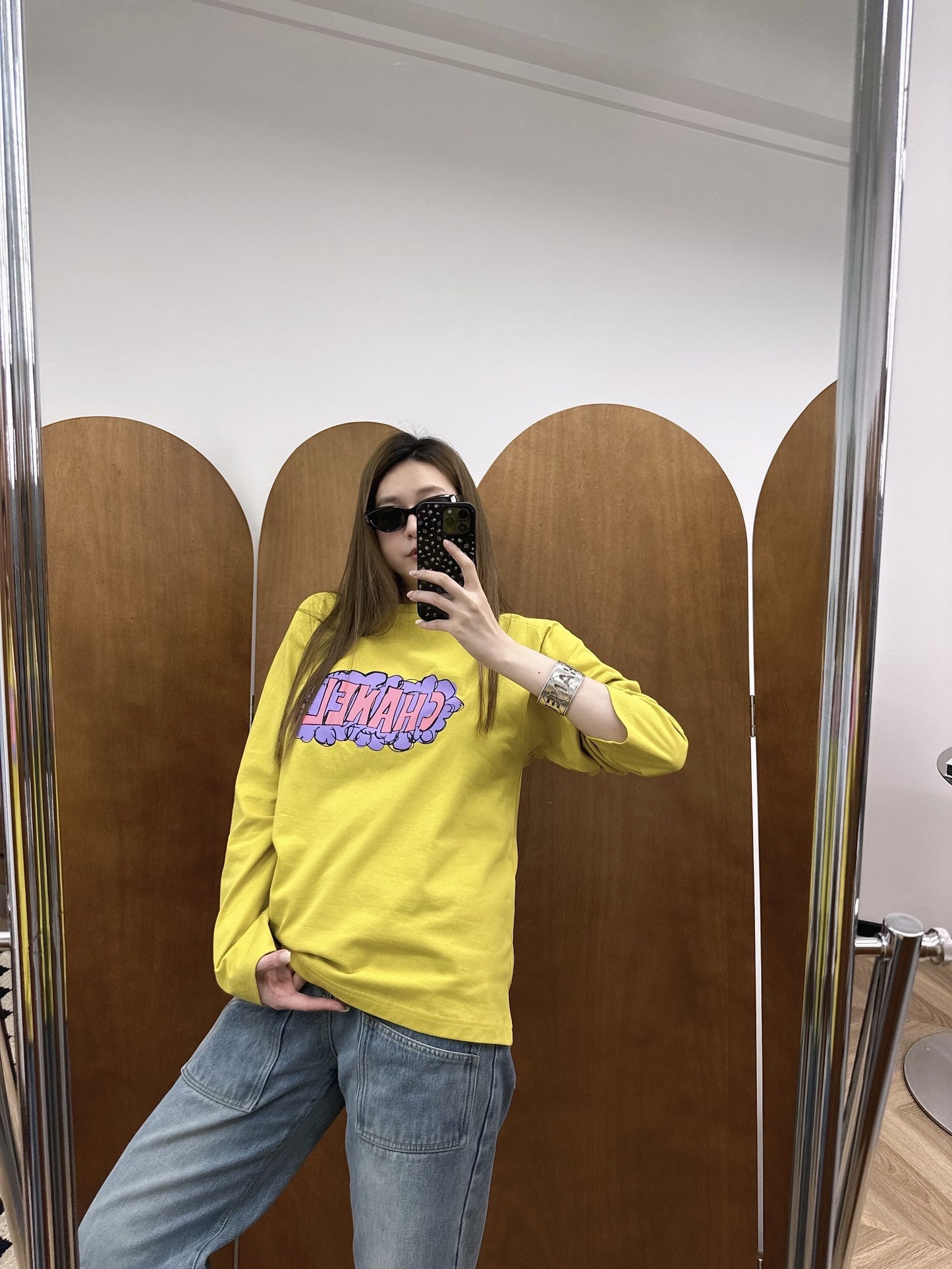 小香家-2403 中古仙人掌印花薑黃色長袖TEE