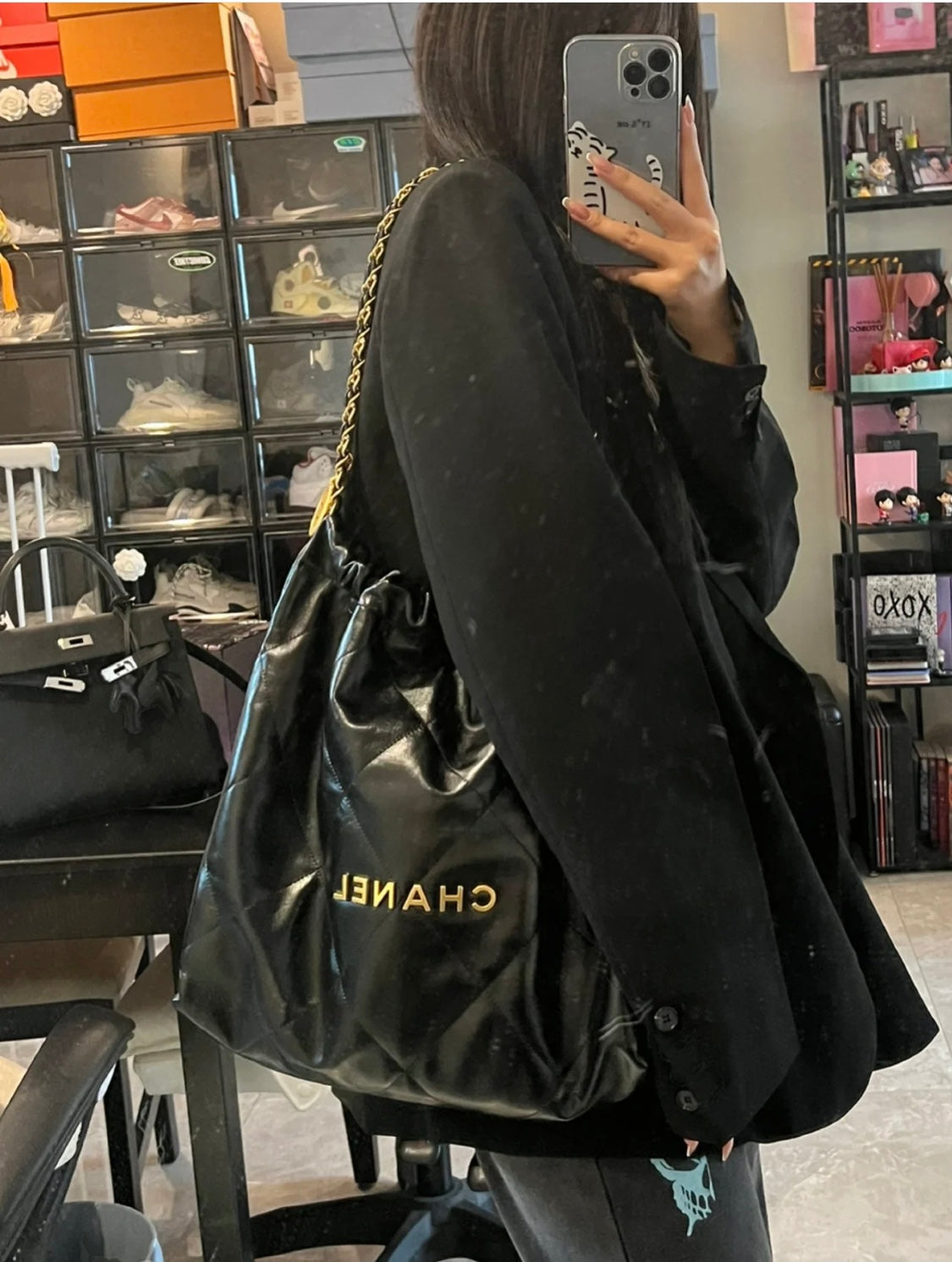 小香家-Chanel 22號手袋 黑金色大號