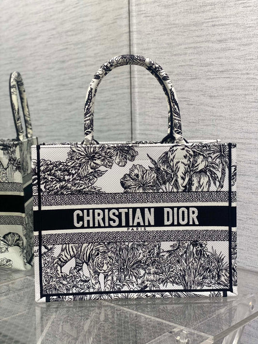 迪D家-Book Tote 2023春夏系列 老虎刺繡 白色 中號