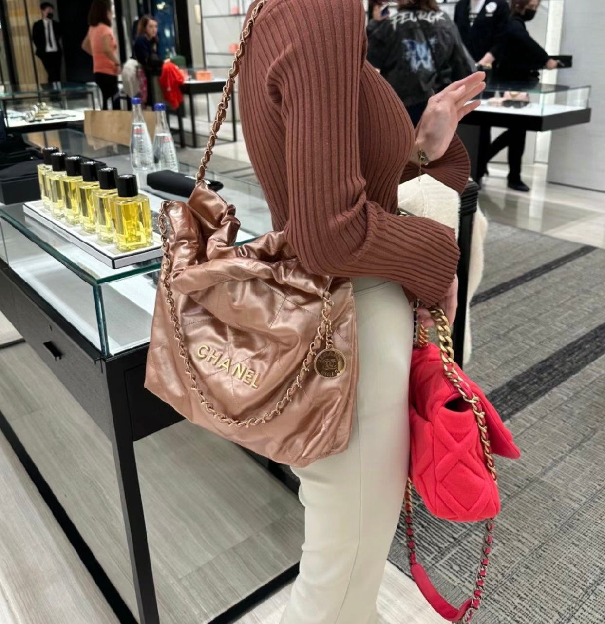 小香家-Chanel 22號手袋 玫瑰金背帶 雙鍊條