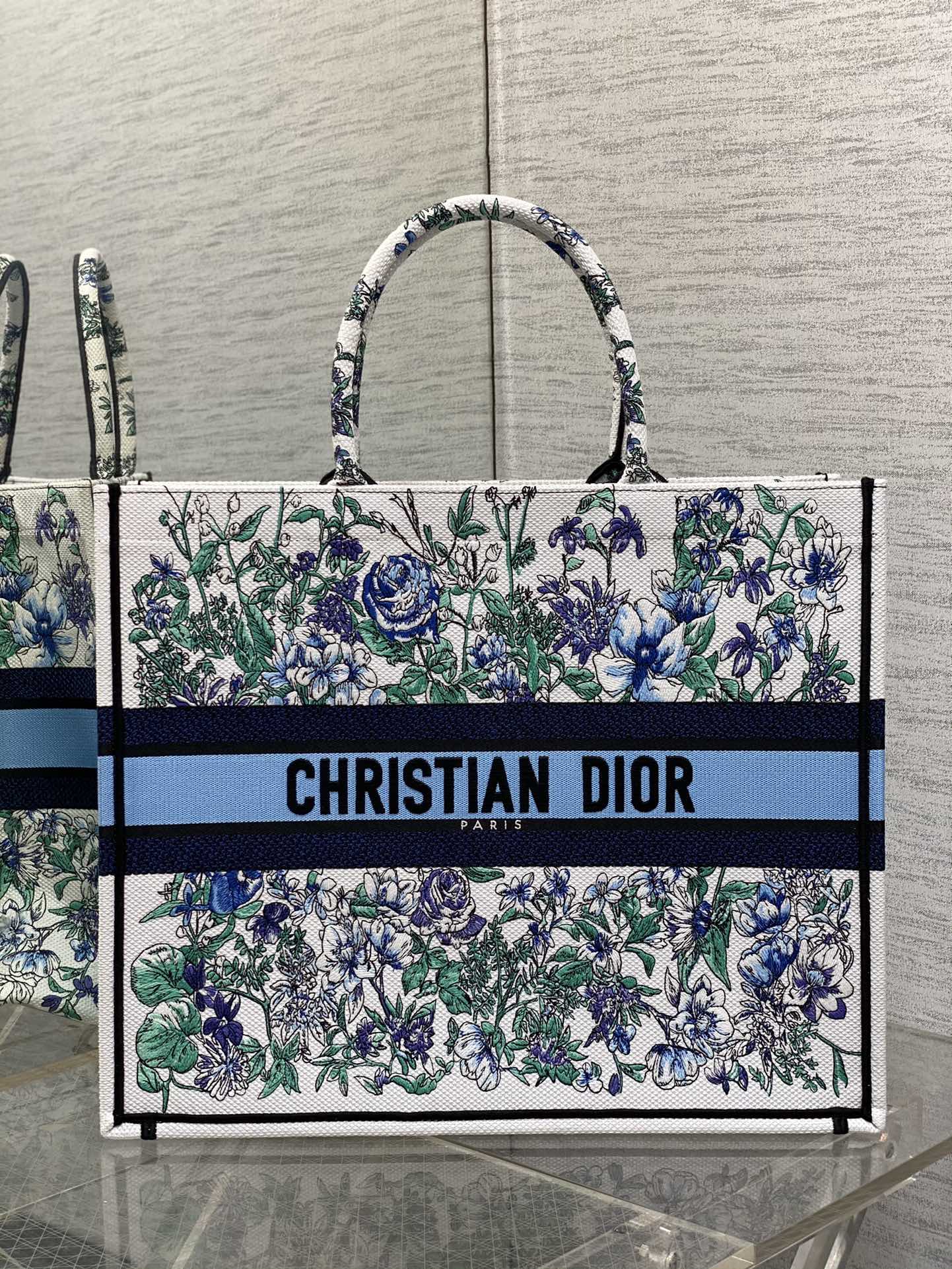 迪D家-Book Tote 2023春夏系列 浪漫花刺繡藍色 大號