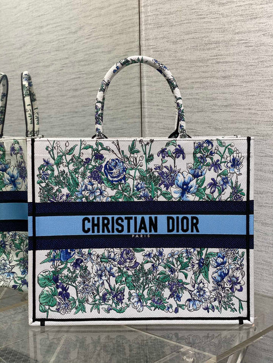 迪D家-Book Tote 2023春夏系列 浪漫花刺繡藍色 大號