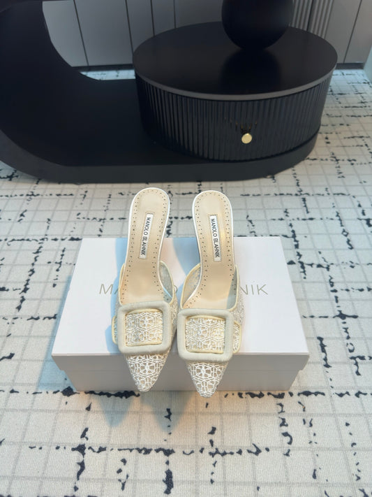 Manolo Blahnik-2024 蕾絲高跟拖鞋 白色