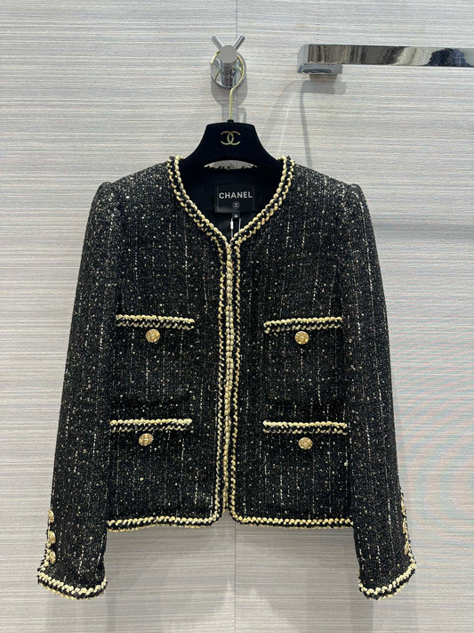 小香家-2403 滿天星重工金屬感雙色手工編織帶黑金外套