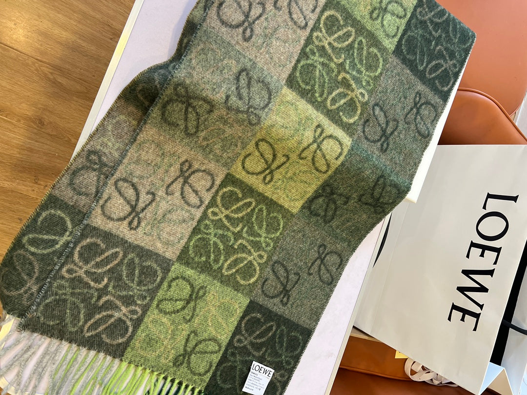 羅L家-青苔綠色 雙面棋格圍巾 180x40cm 90%羊毛10%羊絨