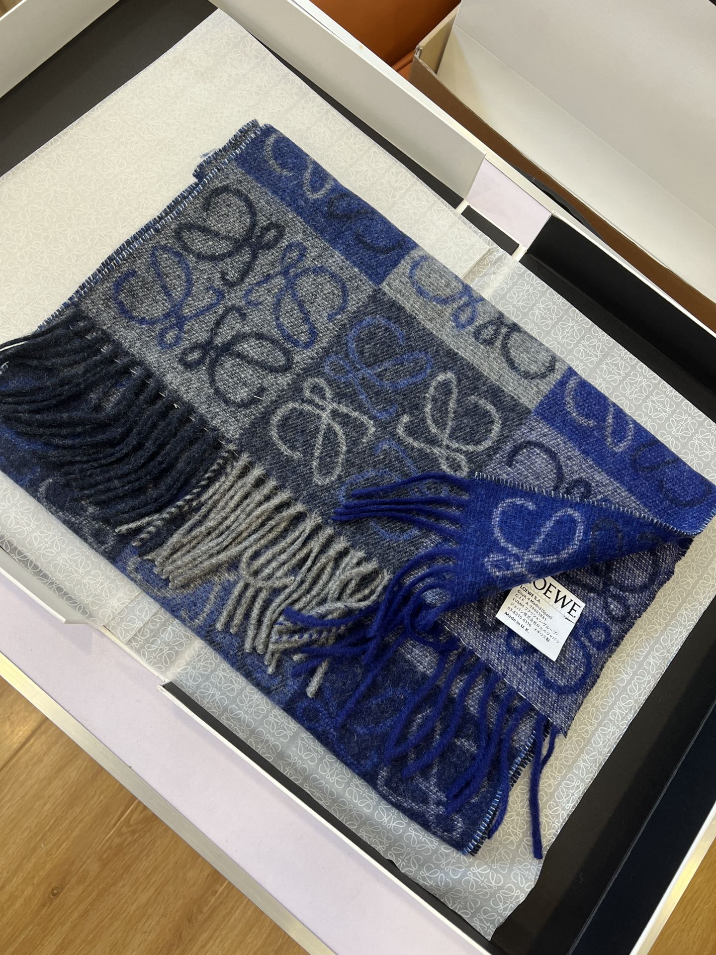 羅L家-藍色 雙面棋格圍巾 180x40cm 90%羊毛10%羊絨
