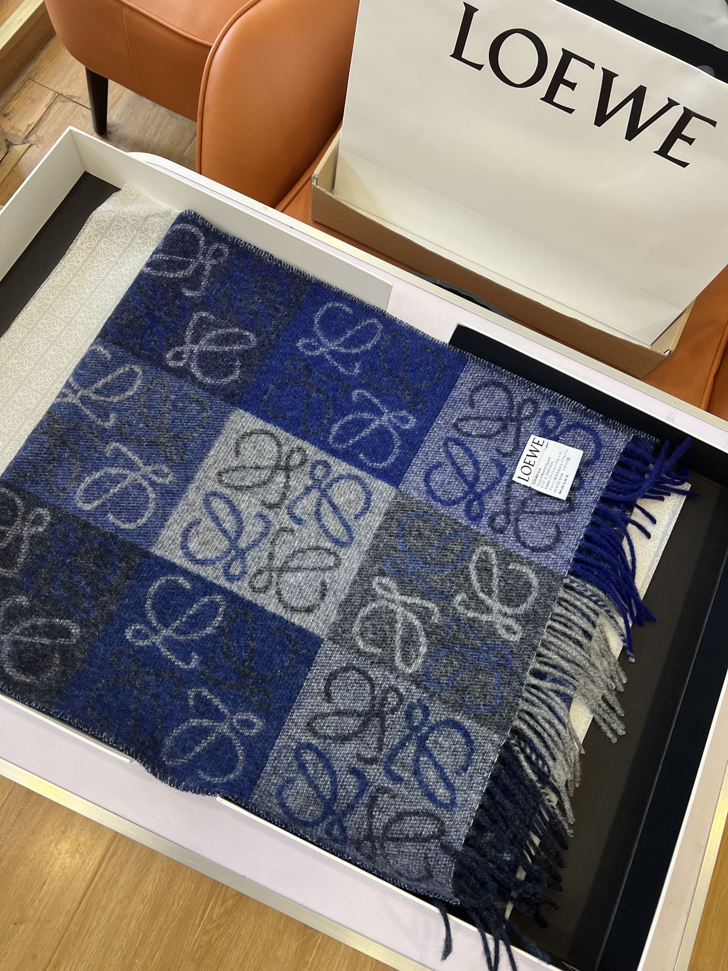 羅L家-藍色 雙面棋格圍巾 180x40cm 90%羊毛10%羊絨