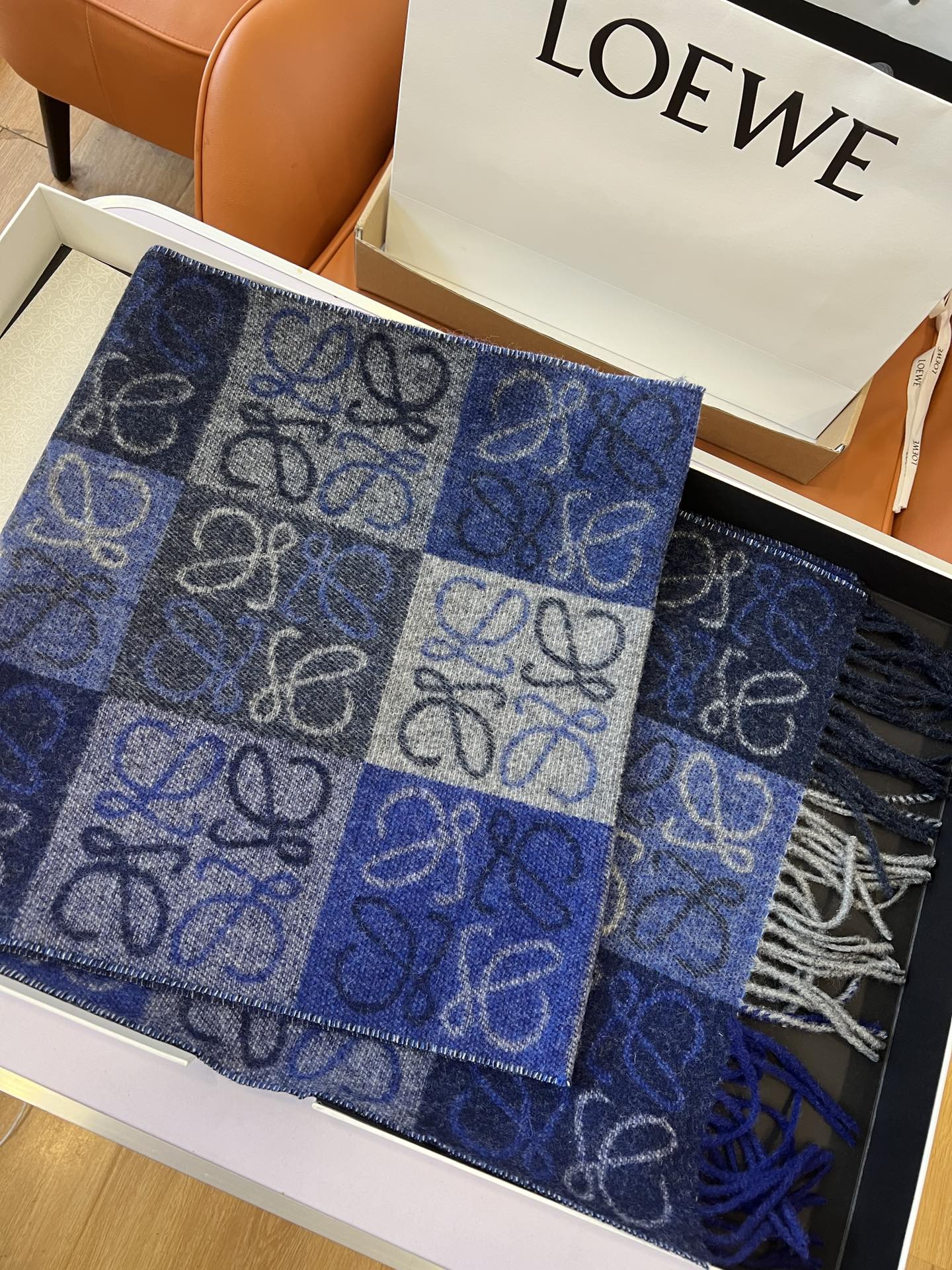 羅L家-藍色 雙面棋格圍巾 180x40cm 90%羊毛10%羊絨