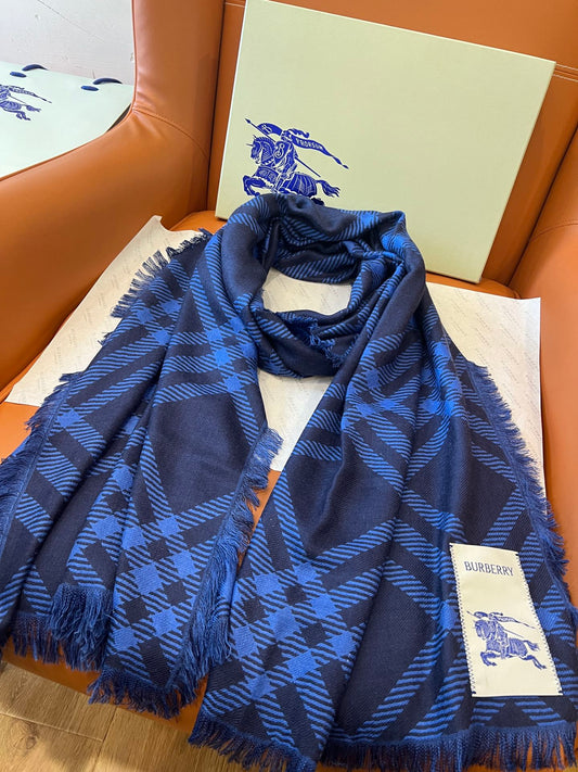 巴B家-騎士格紋長巾 200x65cm 羊毛絲質混紡-寶藍色
