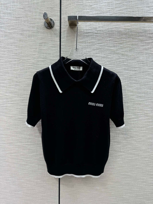 穆M家-2404 撞色polo領針織短袖 黑色