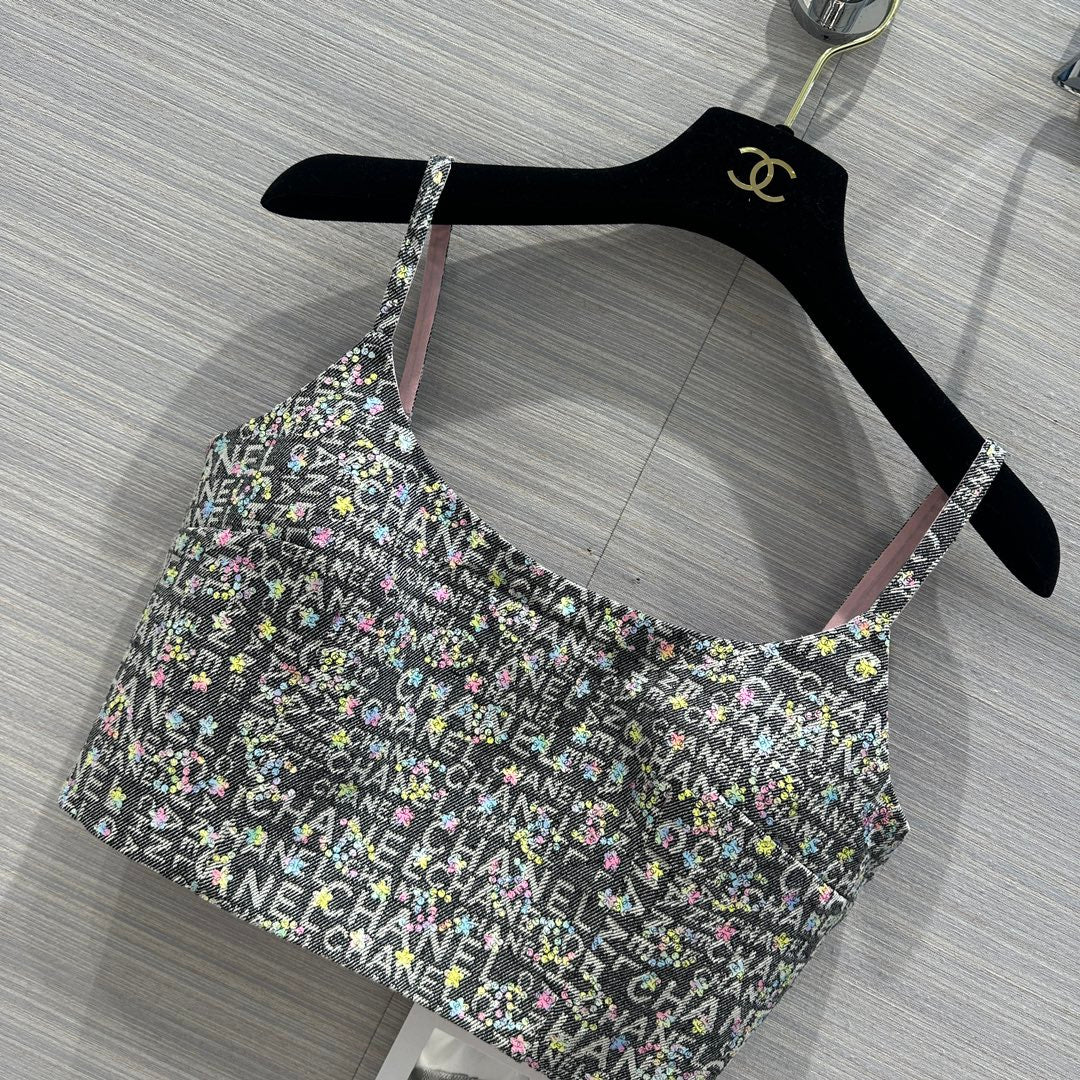 小香風-2403 24春夏新品重工色織提花字母燙珠背心