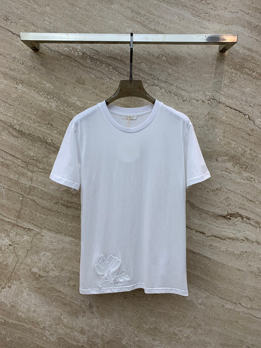 克羅C-2403 24SS春夏新款花朵刺繡短袖TEE 白色