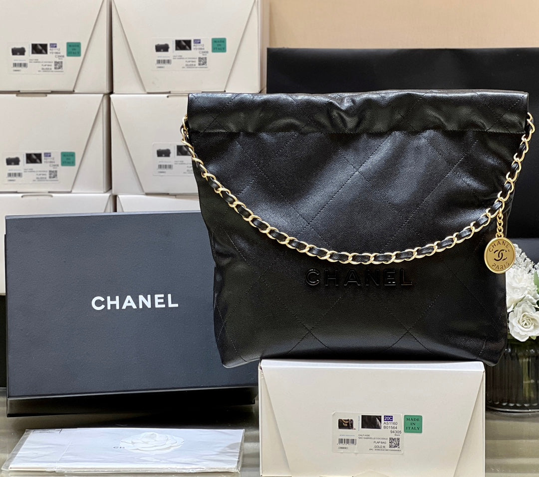 小香家-Chanel 22號手袋 魚子醬皮黑金色 中號