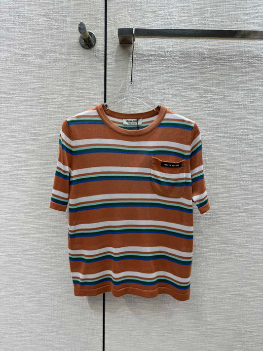 穆M家-2404 復古彩條口袋短袖TEE 棕色