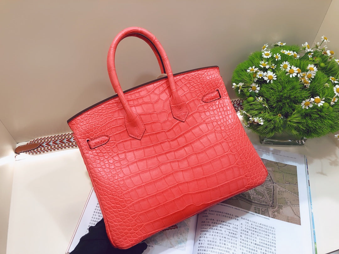 小愛款-Birkin 25 美洲方塊鱷魚 A5 Mat croco handle 杜鵑紅 金扣