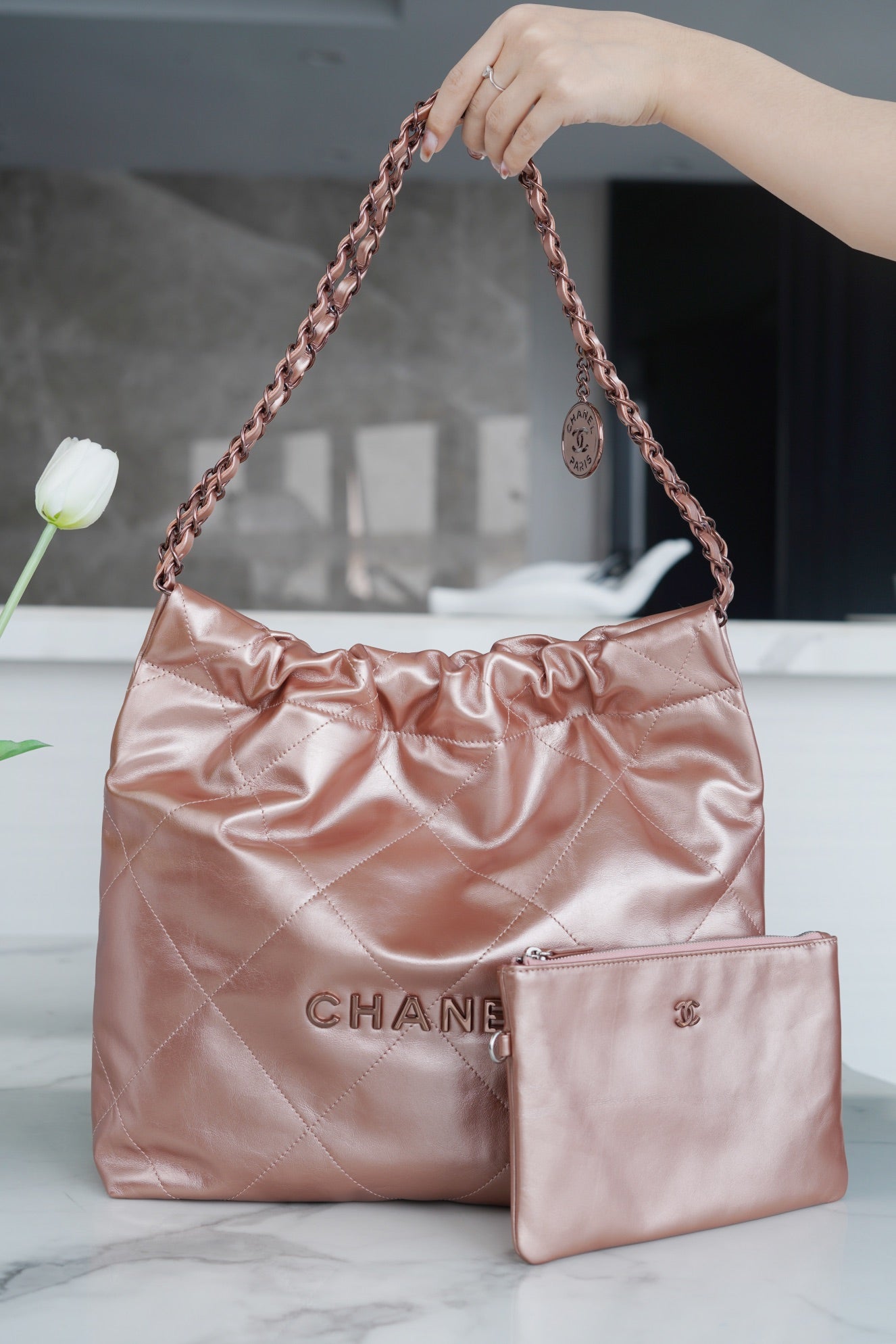 小香家-Chanel 22號手袋 玫瑰金背帶 雙鍊條