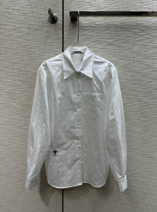 迪D家-2403 藤格暗紋logo長袖襯衫 白色