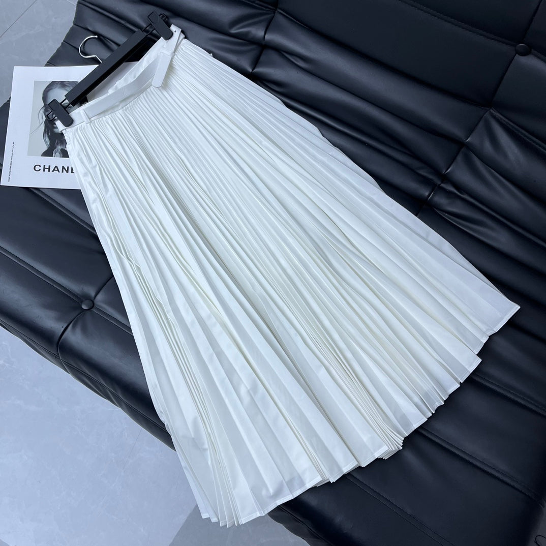 迪D家-2403 24新品上架腰帶壓褶大擺長裙 白色