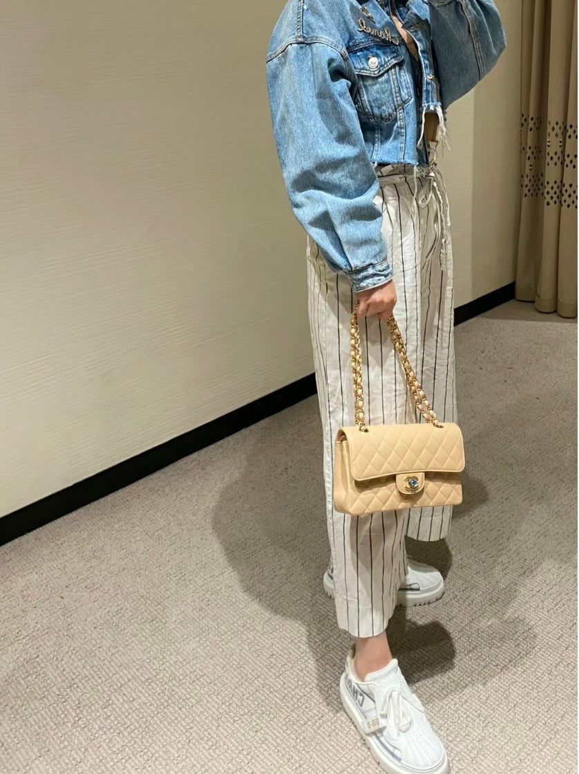 小香家-Chanel CF23 奶杏色 羊皮雙蓋淡金