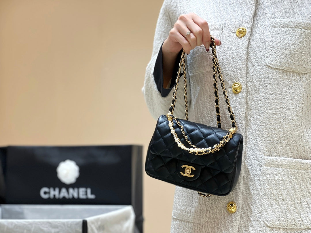 小香家-Chanel 珍珠鍊方胖子 肩背包/手提包 黑色