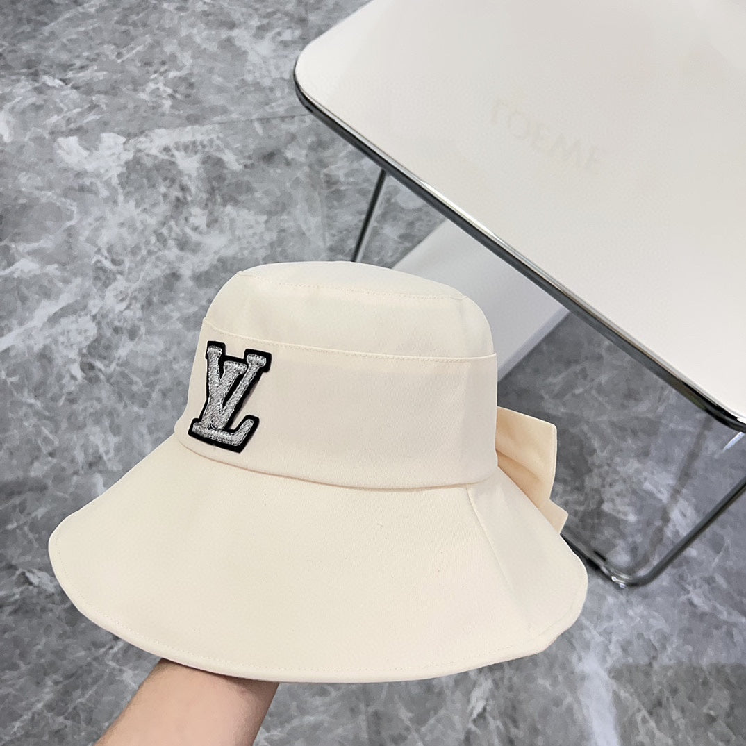 路L家-2024新款 蝴蝶結遮陽漁夫帽 白色