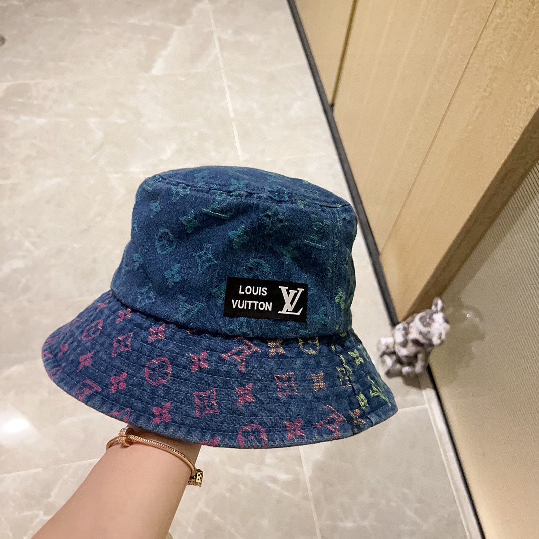 路L家-2024新款 拼色老花漁夫帽 藍色