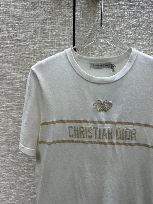 迪D家-2403 刺繡蝴蝶圖案針織短袖 白色