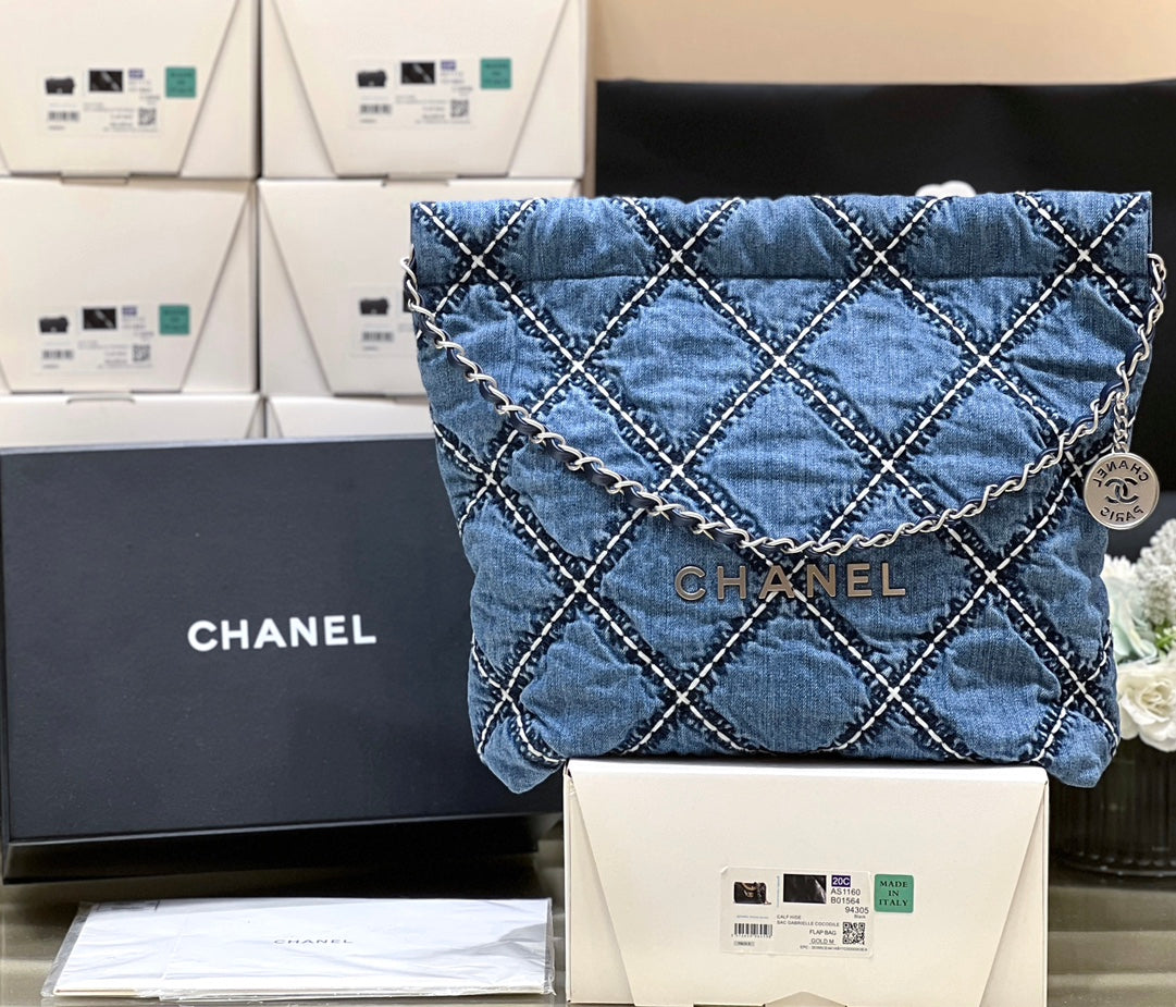 小香家-春夏新款 Chanel 22號手袋 菱格紋縫線牛仔布