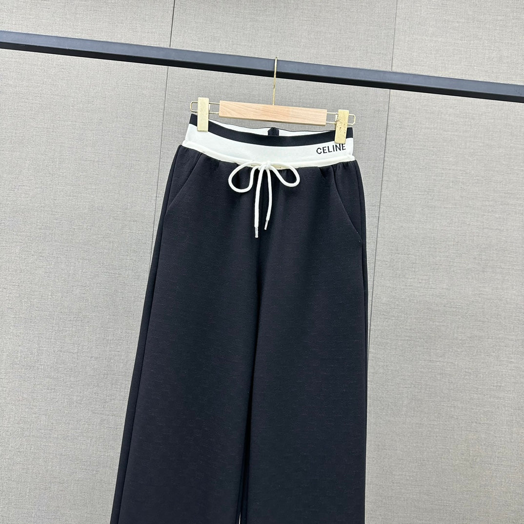 賽C家-2403 LOGO拼接綁帶舒適寬褲 黑色
