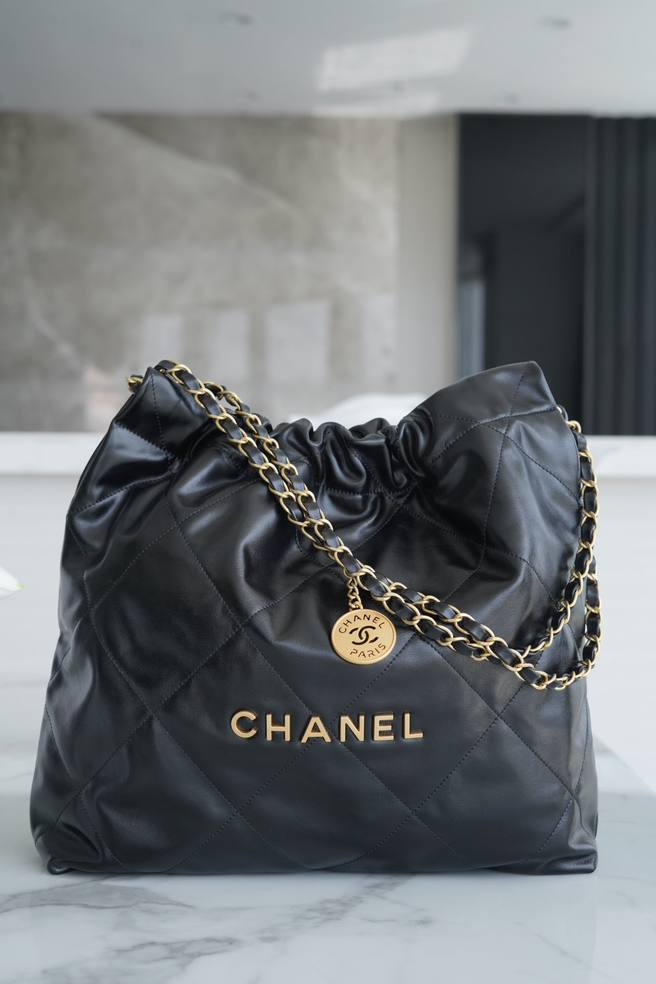 小香家-Chanel 22號手袋 黑金色中號