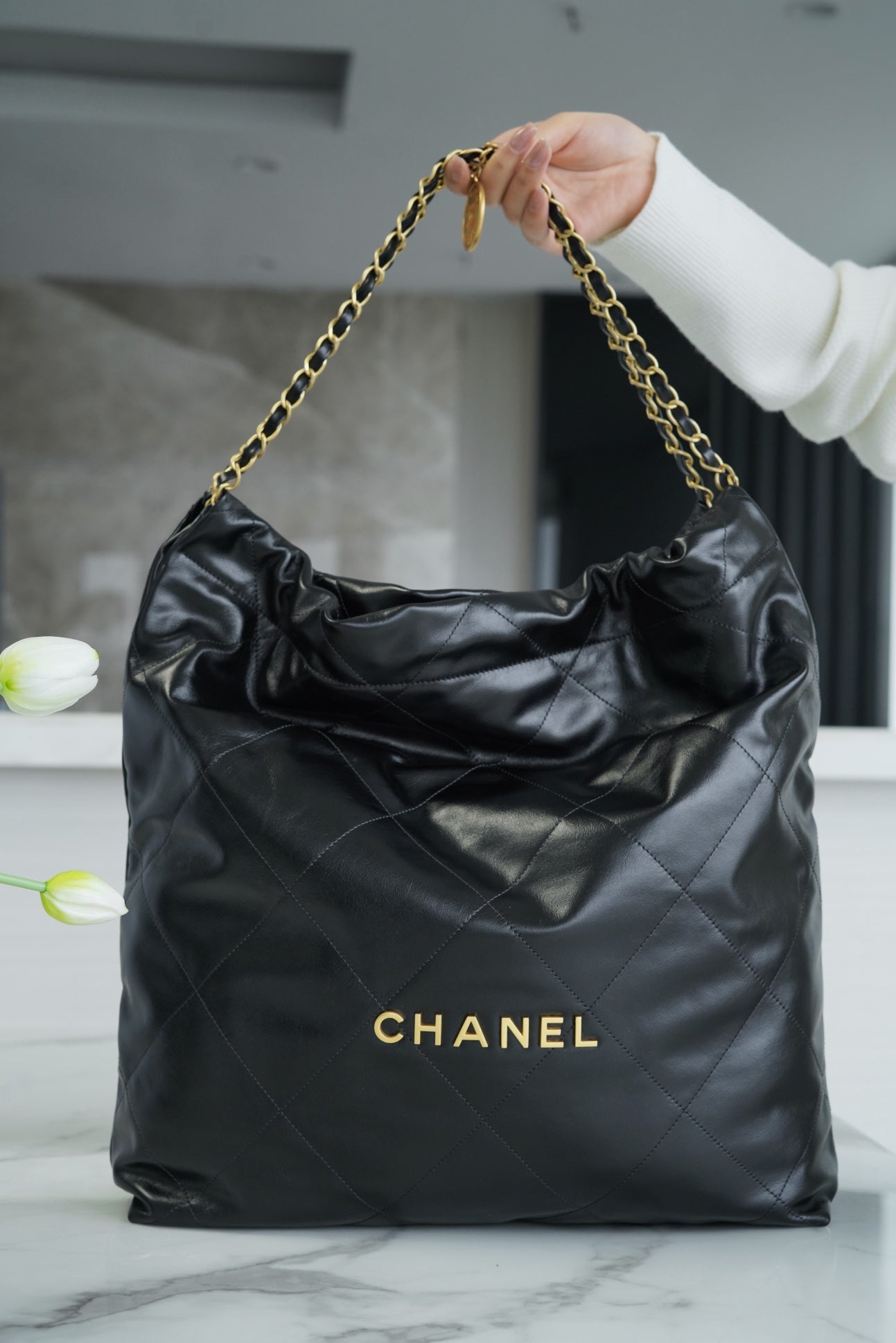 小香家-Chanel 22號手袋 黑金色大號