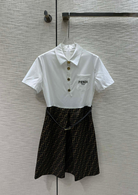 芬F家-2403 雙F拼接襯衫式排扣洋裝