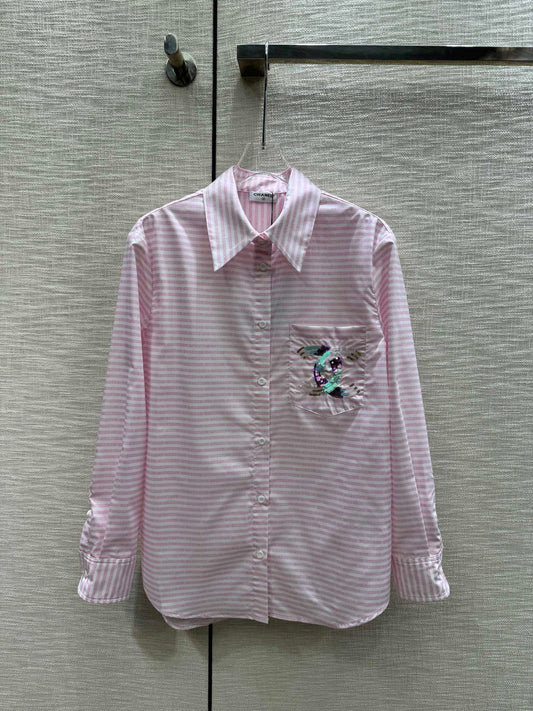 小香家-2403 重工珠片翻領長袖襯衫 粉色