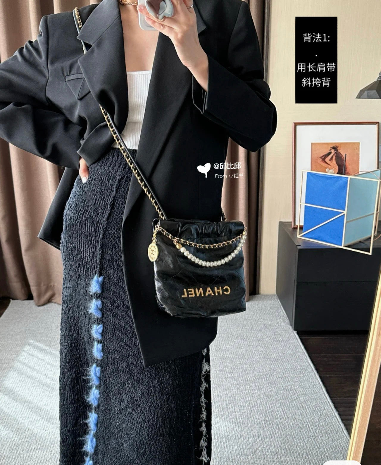 小香家-Chanel 22號手袋 黑色 雙鍊條 珍珠鍊
