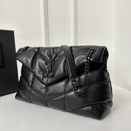 聖Y羅-Loulou Puffer 35cm 絎縫小羊皮雲朵包 黑色黑扣