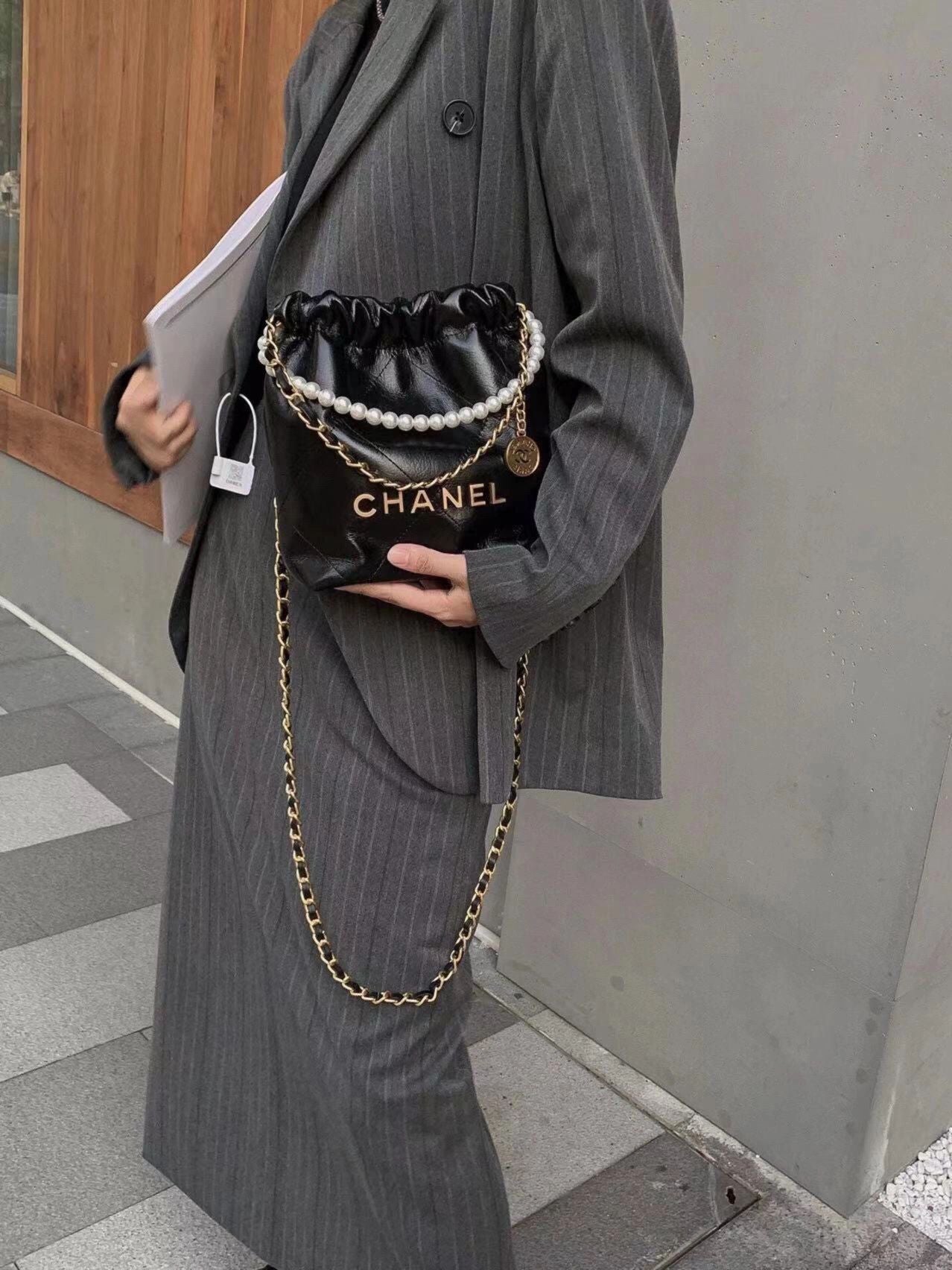 小香家-Chanel 22號手袋 黑色 雙鍊條 珍珠鍊