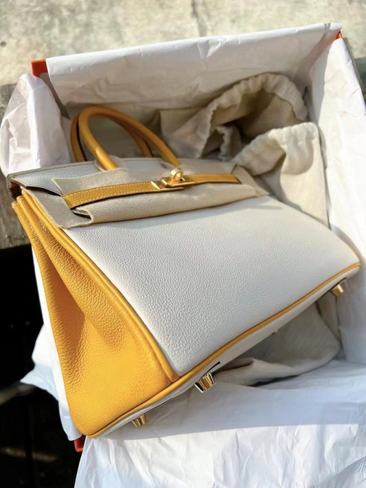 小愛款-Birkin 25 奶昔白拼琥珀黃 金扣