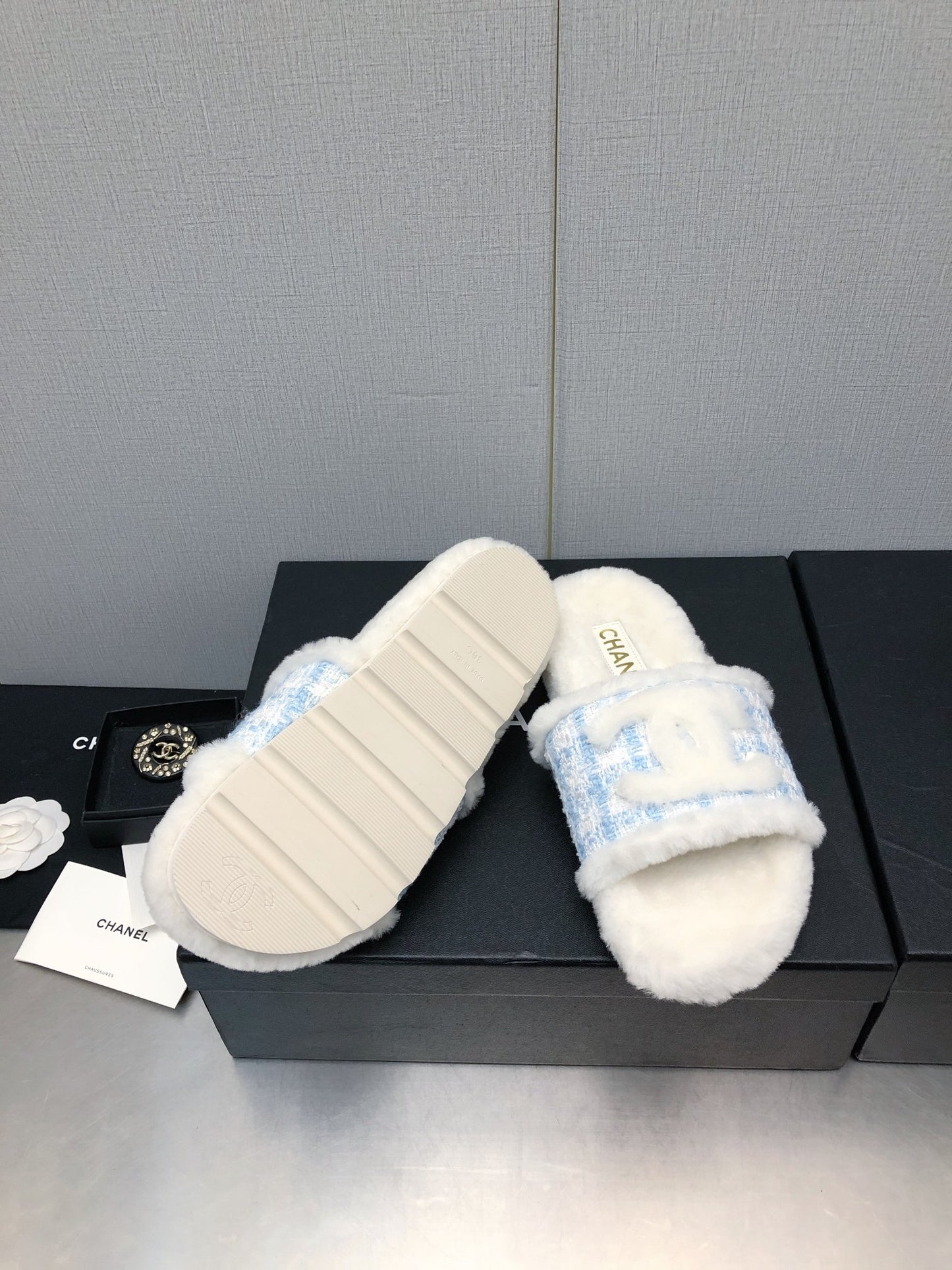 小香家-2023秋冬新款 羊毛格紋拖鞋 藍色