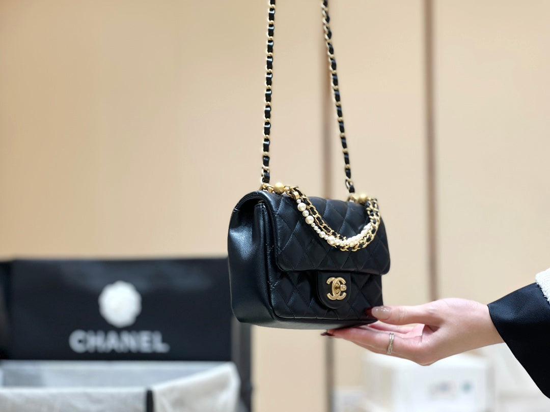 小香家-Chanel 珍珠鍊方胖子 肩背包/手提包 黑色