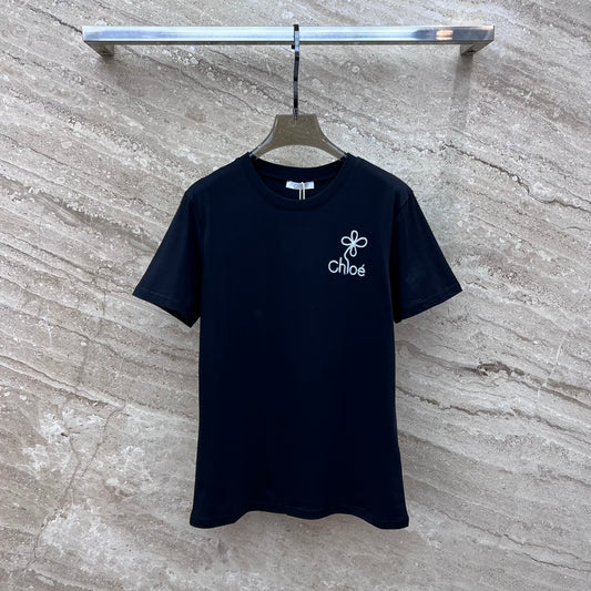 克羅C-2403 24SS春夏季新款字母花朵刺繡短袖TEE 黑色
