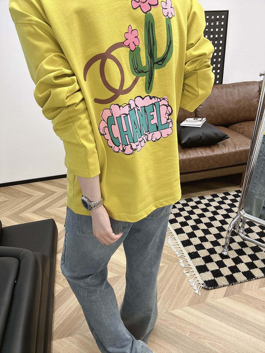 小香家-2403 中古仙人掌印花薑黃色長袖TEE