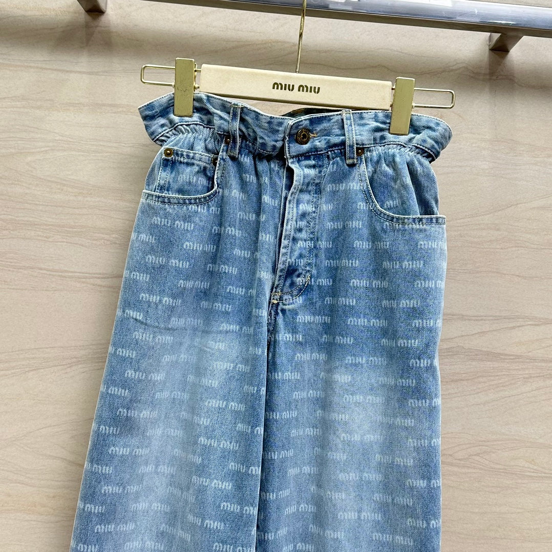 穆Ｍ家-2404 24早春新品印花logo字母牛仔長褲
