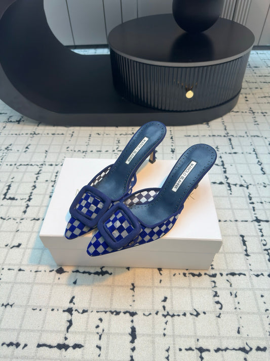 Manolo Blahnik-2024 格狀高跟拖鞋 藍色