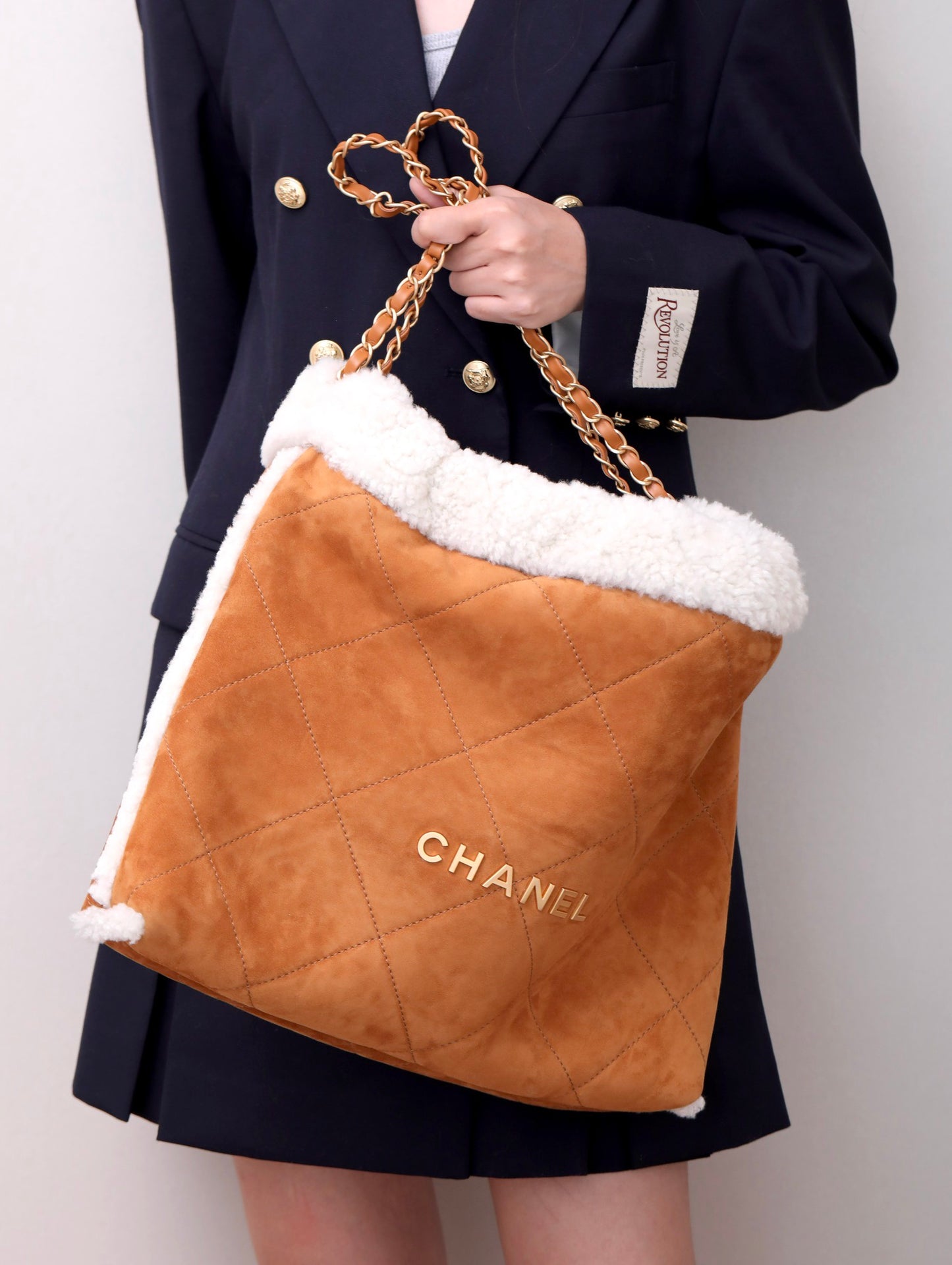 小香家-Chanel 22號手袋 羊羔毛款 焦糖棕色