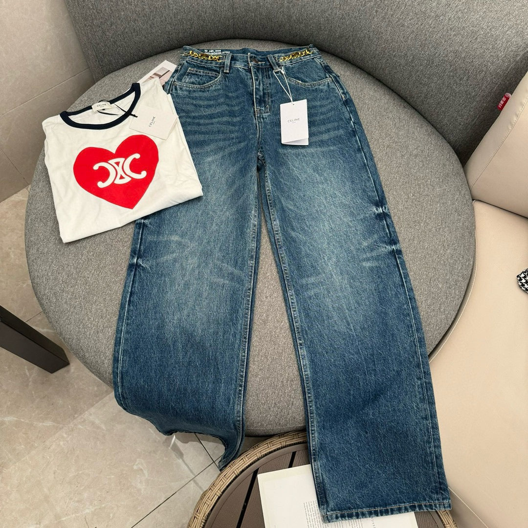 賽C家-2403 24春夏新款凱旋門金屬鏈扣高腰直筒牛仔褲